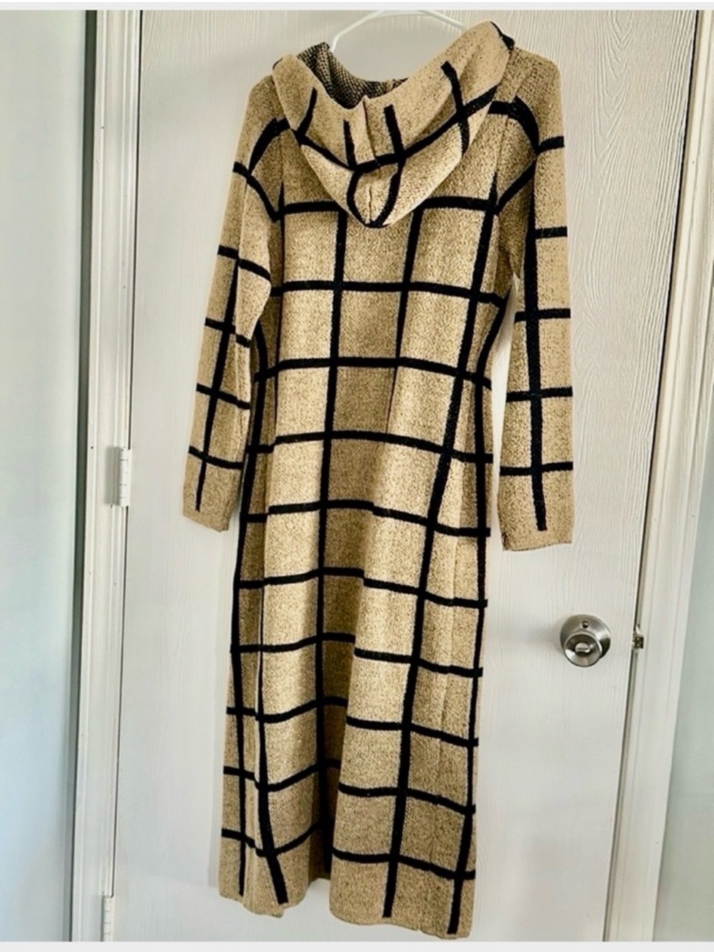 Long Hooded Grid-Pattern Cardigan - Camel/Black Size S - Picture 3 of 7